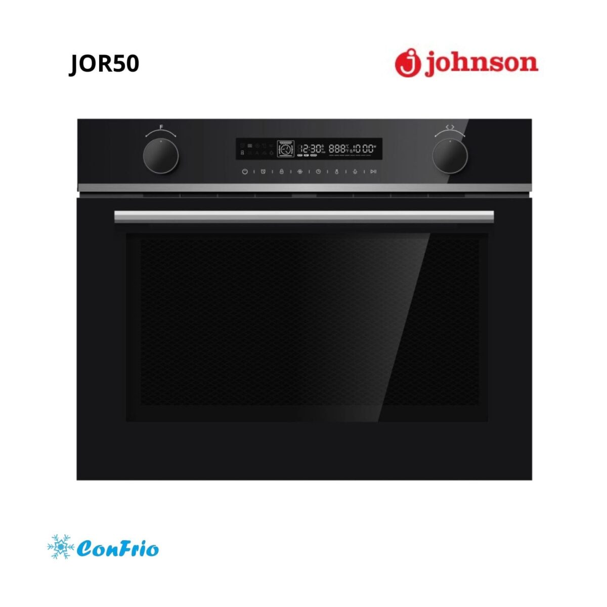 Horno eléctrico empotrable Johnson JOR50 en color negro con display digital, múltiples funciones de cocción y diseño moderno para cocina.