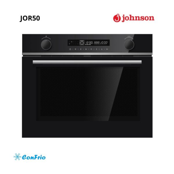 Horno eléctrico empotrable Johnson JOR50 en color negro con display digital, múltiples funciones de cocción y diseño moderno para cocina.
