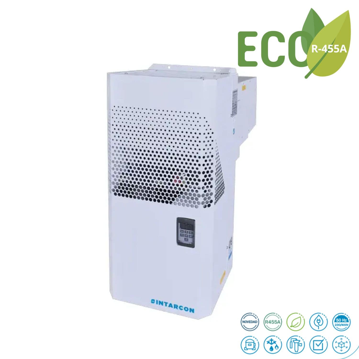 INTARBLOCK A2L-min (1) Fotografía del equipo de refrigeración compacto INTARBLOCK A2L montado en pared, modelo con gas R455A.