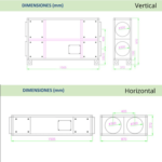 Plano de dimensiones del recuperador de calor ARR CC 10 en versiones vertical y horizontal, con medidas en milímetros para instalación en sistemas de ventilación mecánica.