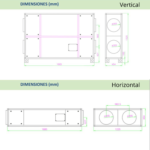 Plano de dimensiones del recuperador de calor ARR CC 20 en versiones vertical y horizontal, con medidas en milímetros para instalación en sistemas de ventilación mecánica.