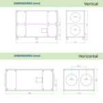 Plano de dimensiones del recuperador de calor ARR CC 40 en versiones vertical y horizontal, con medidas en milímetros para instalación en sistemas de ventilación mecánica.