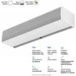 Cortina de aire Fly K sin calefacción para puertas comerciales, acabado RAL 9016, alto caudal de aire y ventiladores centrífugos de alta eficiencia.