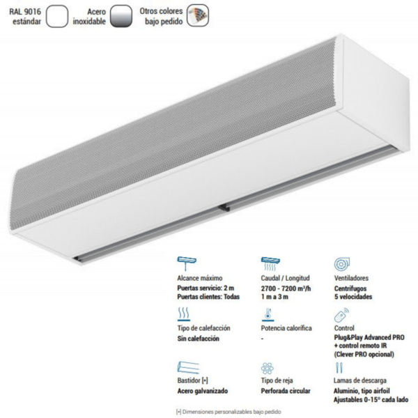 Cortina de aire Fly K sin calefacción para puertas comerciales, acabado RAL 9016, alto caudal de aire y ventiladores centrífugos de alta eficiencia.