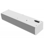 Vista superior de cortina de aire Fly K con rejilla perforada circular, diseño compacto y estructura en acero galvanizado pintado.