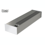 Detalle inferior de cortina de aire decorativa TOP con rejilla perforada y lamas de descarga tipo airfoil, ideal para entradas de tiendas y edificios comerciales.
