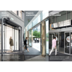 Cortinas de aire decorativas integradas en accesos comerciales y corporativos, con diseño a medida, elegancia arquitectónica y versatilidad para entradas de alto tránsito.