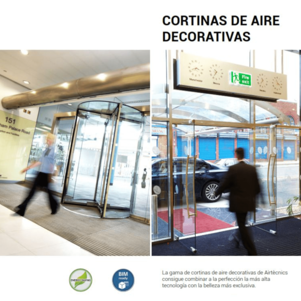 Cortinas de aire decorativas instaladas en la entrada de un edificio comercial con puertas giratorias y acristaladas, diseñadas para mantener el confort térmico sin renunciar al diseño.