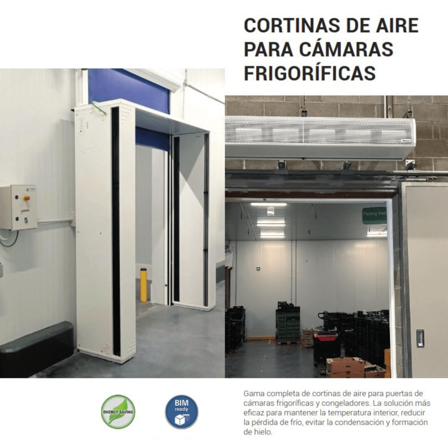 Cortinas de aire para cámaras frigorífica-min Cortinas de aire para cámaras frigoríficas instaladas en puertas industriales, solución eficiente para mantener la temperatura, reducir la pérdida de frío y evitar condensación y formación de hielo.