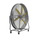 Ventilador industrial móvil HDY con ruedas y sistema de inclinación de 45 grados, vista lateral, diseñado para grandes espacios.