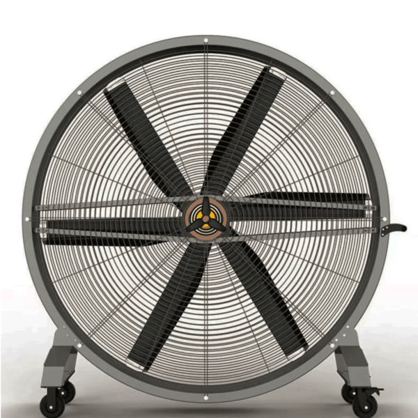 Ventilador de pie móvil industrial HDY de gran diámetro, vista frontal, con estructura metálica y aspas de alto rendimiento.