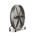 Ventilador móvil industrial HDY con ruedas, vista lateral, diseñado para la ventilación eficiente de grandes espacios.