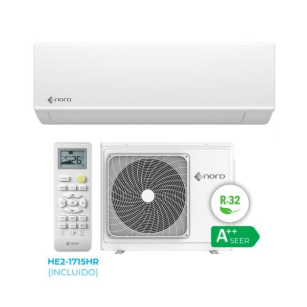 Aire acondicionado inverter KARELIA split de pared 1x1 con WiFi incluido, gas R32 y eficiencia A++ SEER, unidad interior blanca, unidad exterior y mando a distancia.